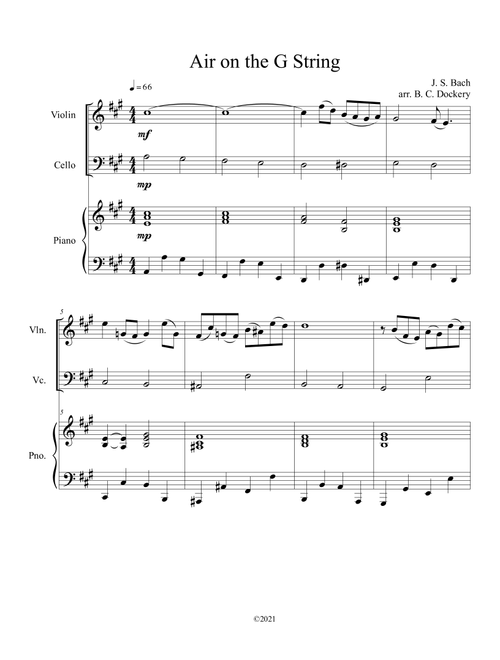 Air on the G String (Violin and Cello Duet) with opt. piano accompaniment (Arr. B. C. Dockery) - J S Bach (String Ensemble)