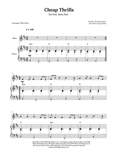 Cheap Thrills (Feat. Sean Paul) (Arr. Walt Oliver) - Sia feat Sean Paul (Oboe and Piano)