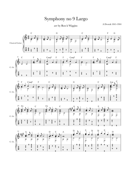 Largo from New World Symphony - Classical Guitar (Arr. Ron k Wiggins) (Guitar Tab)