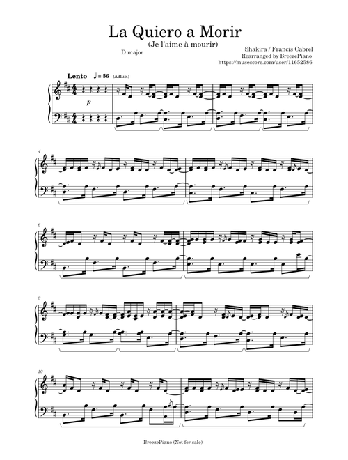 La Quiero a Morir, Je l'aime à mourir by Shakira, Francis Cabrel - BreezePiano