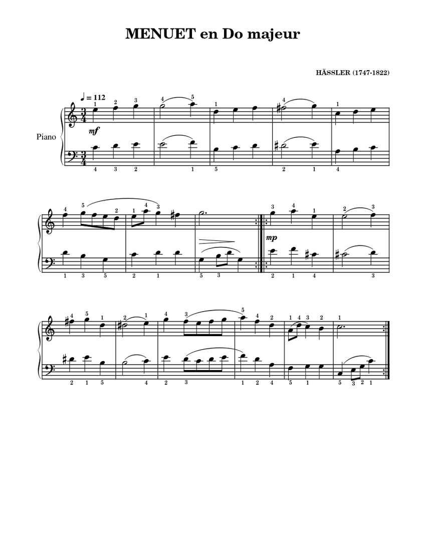 MENUET en Do majeur – Johann Wilhelm Hässler Sheet Music for Piano
