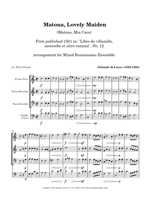 Matona, Lovely Maiden - Matona, Mia Cara - Orlando di Lasso - arr. for Mixed Renaissance Ensemble