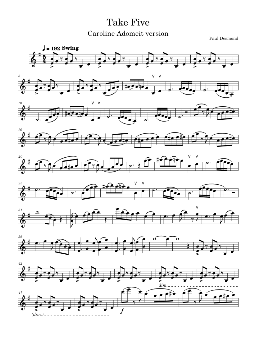 Take Five (Caroline Adomeit version) – Paul Desmond Sheet Music