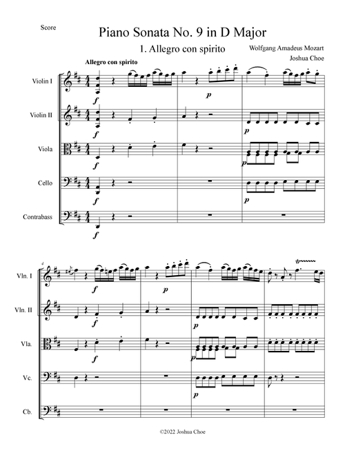 Piano Sonata No. 9 in D Major, Movement 1 (Arr. Joshua Choe) - Wolfgang Amadeus Mozart (Orchestra)