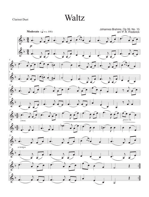 Waltz In Ab Major Op 39, No. 15 (Arr. P. R. Frederick) - Johannes Brahms (Clarinet Duet)
