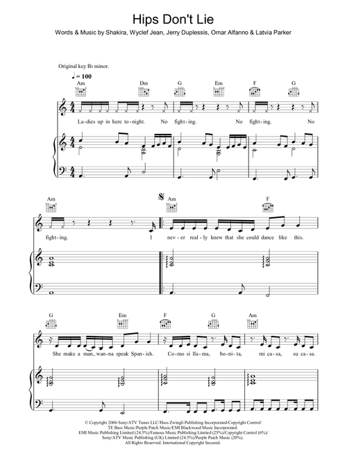 Hips Don't Lie - Shakira (Piano-Vocal-Guitar (Piano Accompaniment))