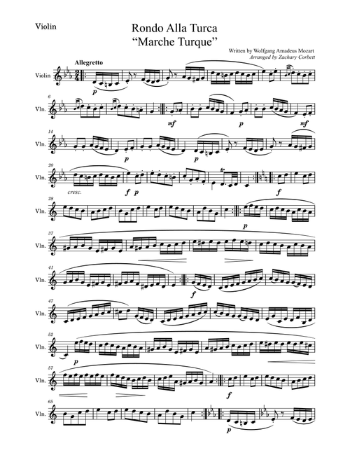 Rondo Alla Turca (Turkish March) (Arr. Zachary Corbett) - Wolfgang Amadeus Mozart (Violin and Piano)
