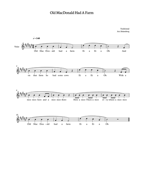Old MacDonald Had a Farm for voice in F# major (Arr. Heisenberg) - Tradicional (Lead Sheet - Fake Book)
