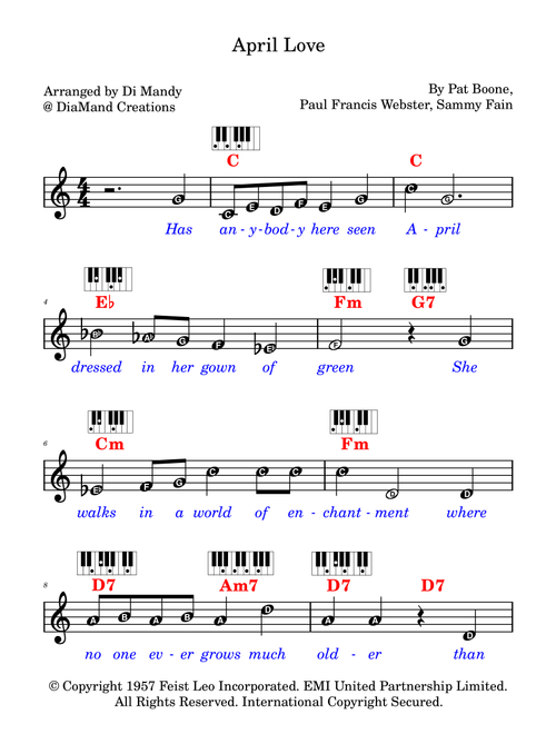 April Love (Arr. Dianne Mandy) - Pat Boone (Lead Sheet - Fake Book)