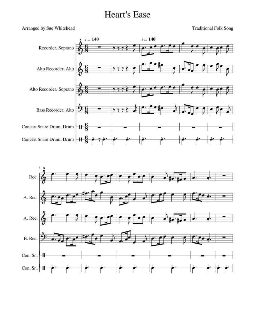 Heart's Ease Sheet music for Snare drum, Recorder (Woodwind Quartet