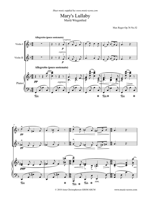 Mary's Lullaby, or Maria Wiegenlied - 2 Violins and Piano (Arr. Anne Christopherson GRSM ARCM) - Reger, Max (Instrumental Duet and Piano)