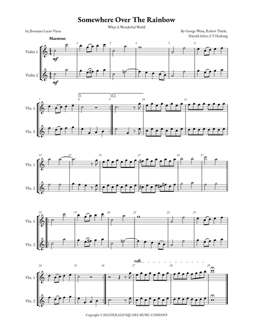 Somewhere Over The Rainbow/what A Wonderful World (Arr. Jhonatan Lucio Viana) - E Y Harburg, George Weiss, Harold Arlen (Violin Duet)
