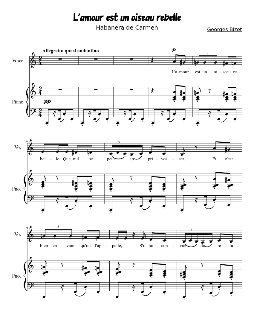 Bibliografía intencional Asombro Georges Bizet - Habanera (Carmen) Sheet music for Piano, Voice (other) ( Piano-Voice) | Musescore.com