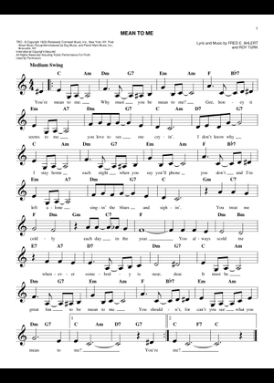 Mean To Me Sheet Music with Chords for Guitar, Bass guitar, Drum