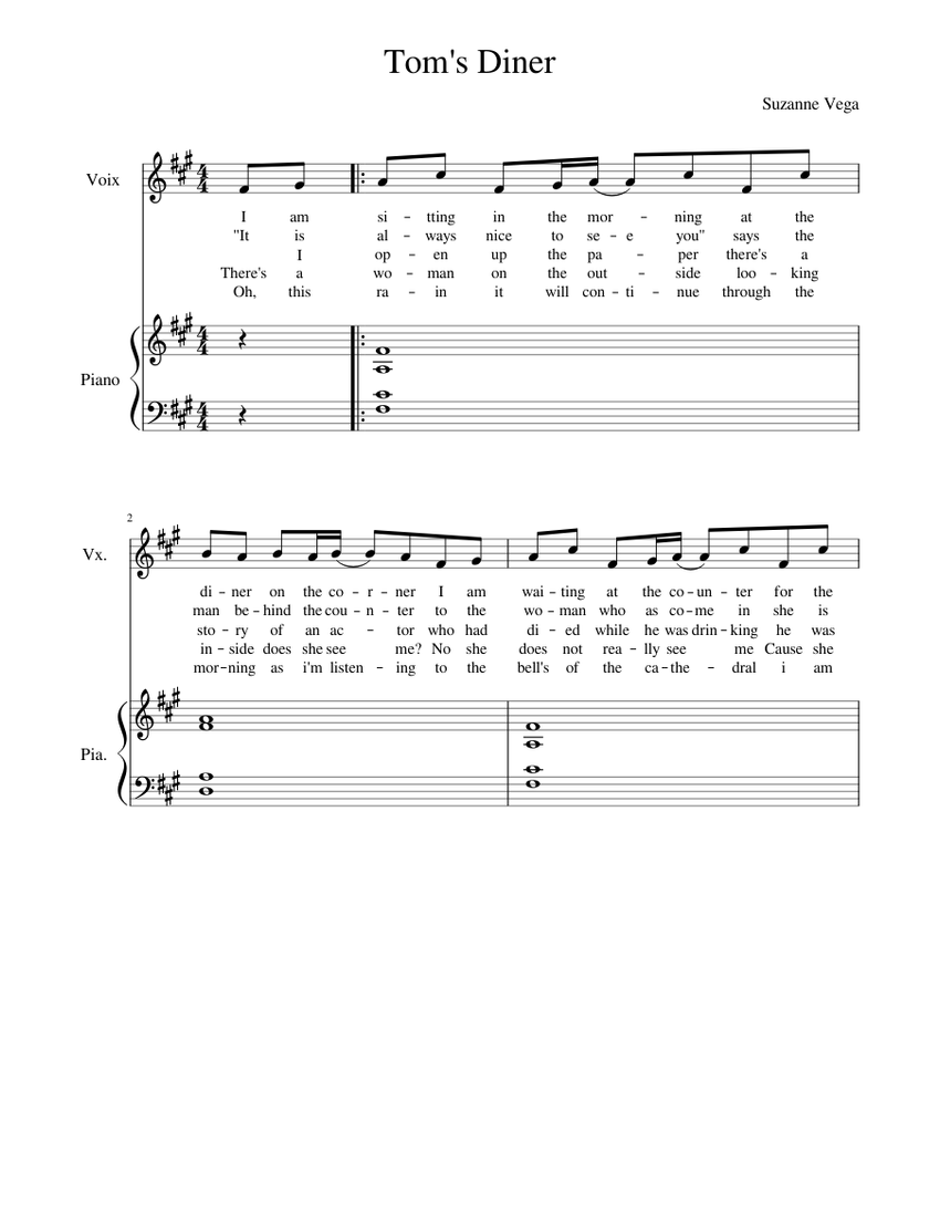 Tom s Diner Sheet music for Piano, Vocals (PianoVoice)