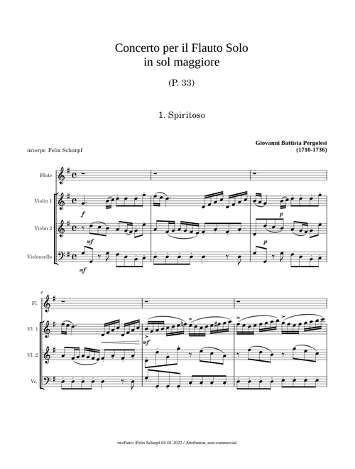 Flute Concerto in G major - 1. Spiritoso - (P. 33) Giovanni Battista Pergolesi