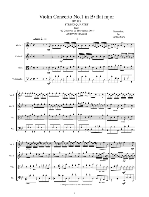 Vivaldi - Violin Concerto No.1 in B flat major Op.4 RV 383 for String Quartet (Arr. Santino Cara) - Vivaldi Antonio (String Quartet)
