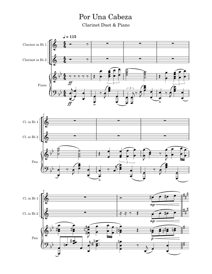 Tango ( Por una Cabeza ) John Williams (2 and Piano) Sheet