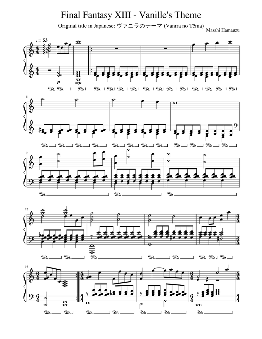 Final Fantasy XIII - Vanille's Theme Sheet Music for Piano (Solo