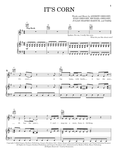 It's Corn (feat. Tariq) - The Gregory Brothers (Piano-Vocal-Guitar)