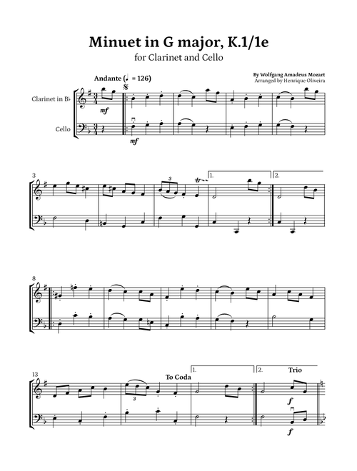 Minuet in G major, K.1/1e (Clarinet and Cello) - W. A. Mozart (Arr. Henrique Oliveira) - Wolfgang Amadeus Mozart (Instrumental Duet)