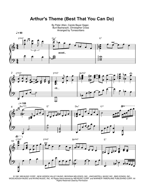 Arthur's Theme (Best That You Can Do) (Arr. Tunescribers) - Peter Allen, Burt Bacharach, Christopher Cross (Piano Solo)