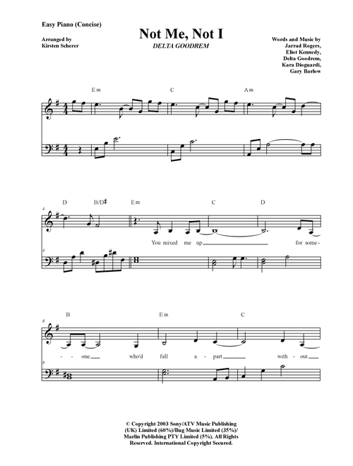 Not Me, Not I (Arr. Kirsten Scherer) - Delta Goodrem (Easy Piano)