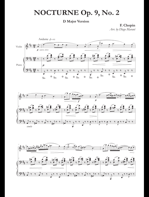Nocturne Op. 9, No. 2 for Violin and Piano (Arr. Diego Marani) - Frederick Chopin (Violin and Piano)