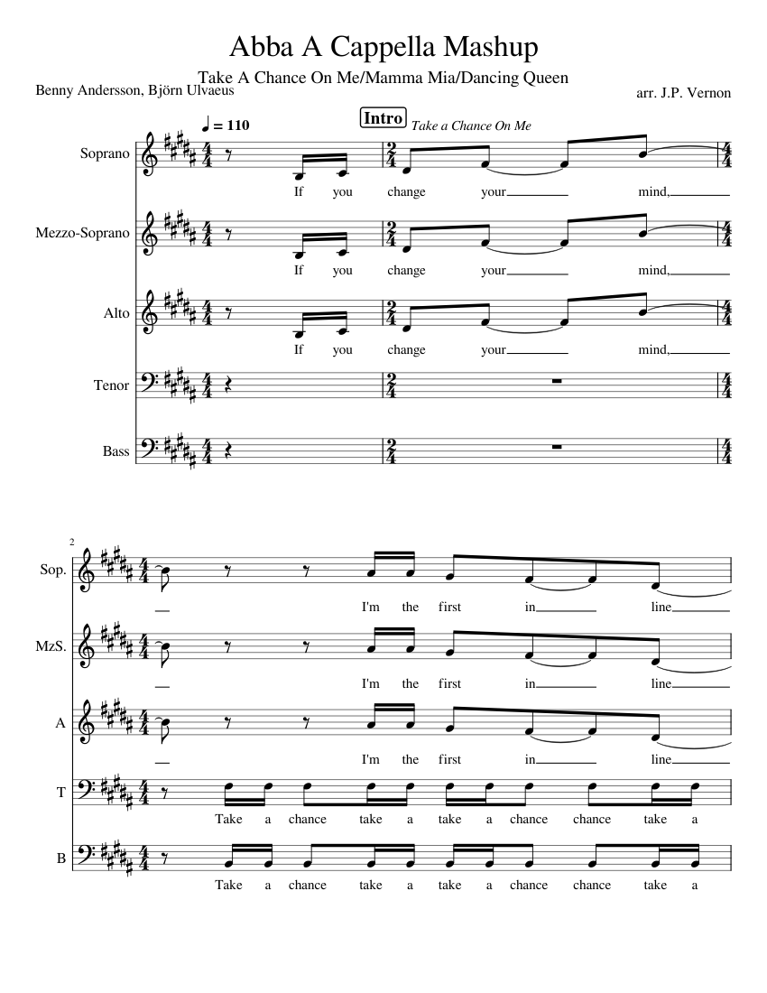 Abba A Cappella Mashup Sheet Music for Piano (A Capella