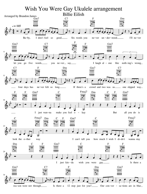 Wish You Were Gay Billie Eilish  - Baritone Ukulele Arrangement (with chord diagrams)