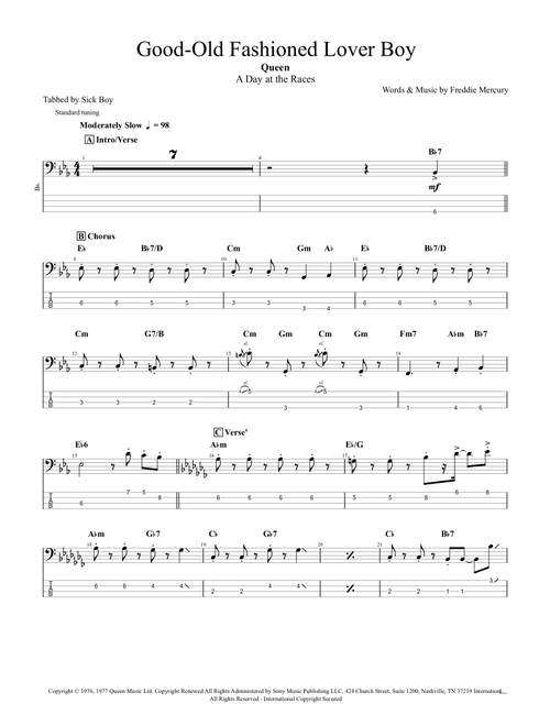 Good Old-fashioned Lover Boy (Arr. Sick Boy) - Queen (Bass Tab)
