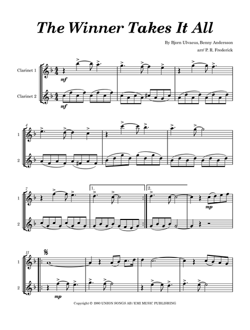 Winner Takes It All (Arr. P. R. Frederick) - Benny Andersson, Bjorn Ulvaeus (Clarinet Duet)
