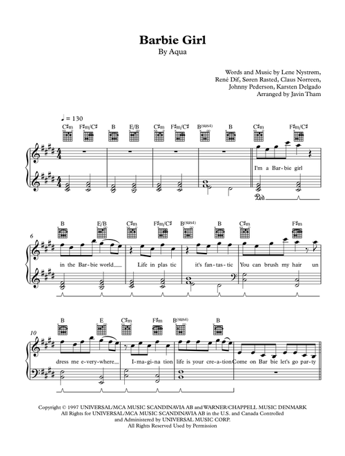 Barbie Girl (Arr. Javin Tham) - Aqua (Piano-Vocal-Guitar (Piano Accompaniment))