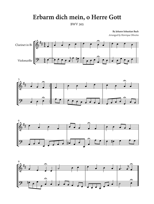 Erbarm dich mein, o Herre Gott (Clarinet and Cello) - Johann Sebastian Bach (Arr. Henrique Oliveira) (Instrumental Duet)