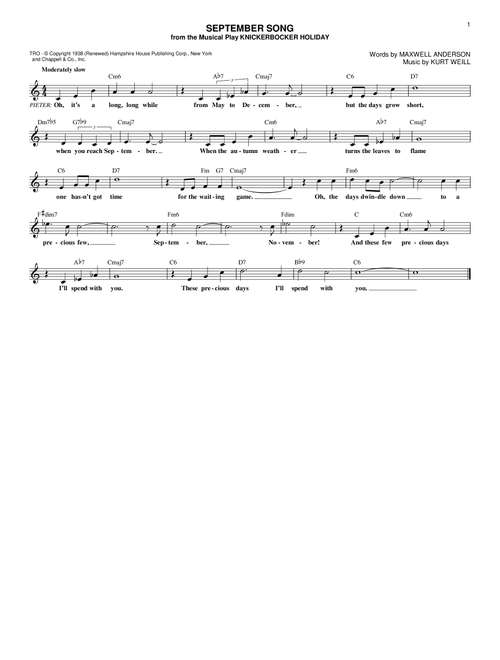 September Song (from Knickerbocker Holiday) - Walter Huston (Lead Sheet - Fake Book)