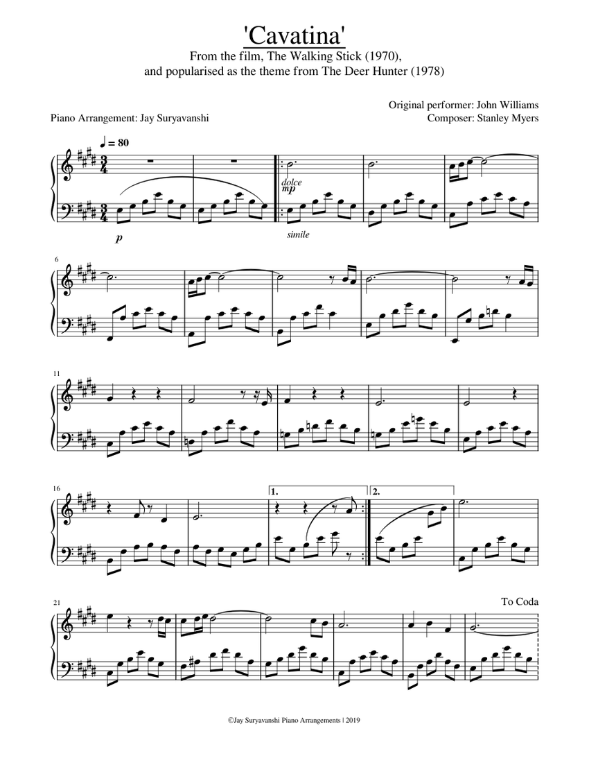 'Cavatina' from the movie Deer Hunter Sheet music for Piano (Solo) Easy | Musescore.com