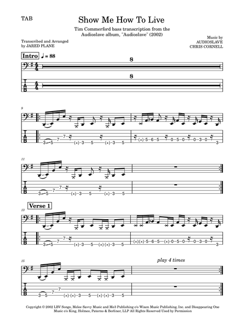 Show Me How To Live (Arr. Jared Plane) - Audioslave (Bass Tab)