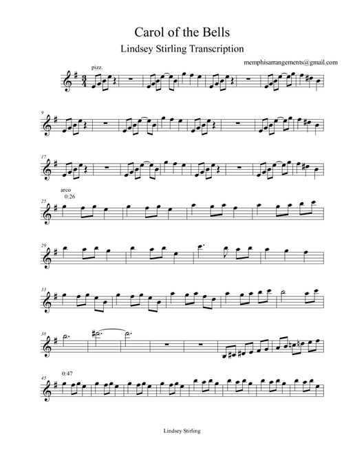 Lindsey Stirling Carol of the Bells Violin Part Sheet Music (Arr. Memphis Arrangements) (Violin Solo)