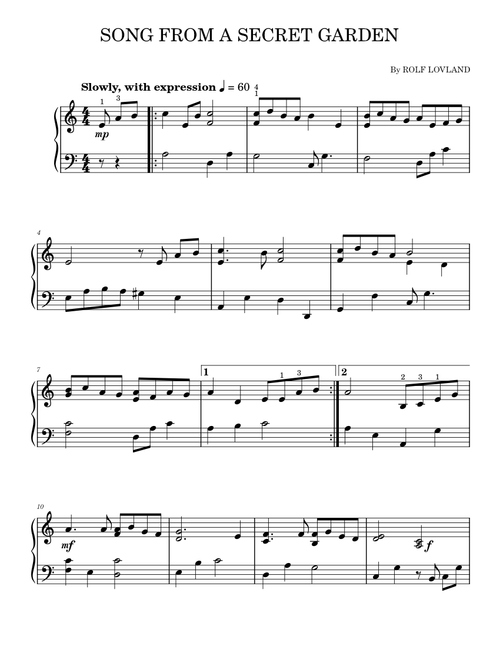 Song From A Secret Garden - Secret Garden (Easy Piano)
