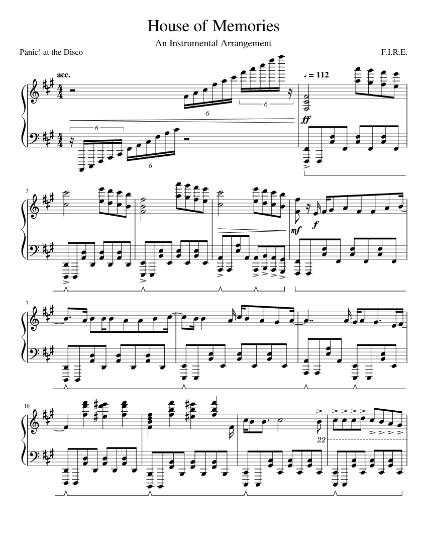 108 Panic! at the Disco House of Memories Sheet music for Piano
