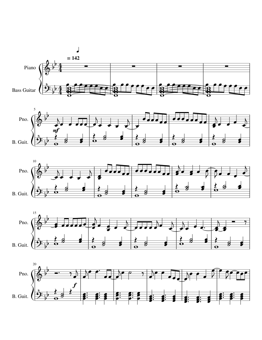 Black and White Sheet music for Piano, Bass guitar (Mixed Duet