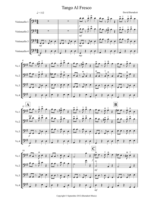 Tango Al Fresco For Beginning Cello Quartet - David Burndrett (Cello Solo)