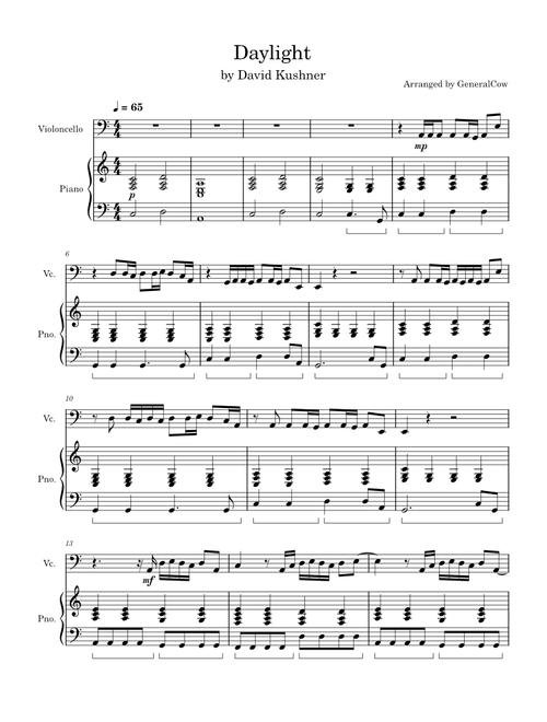 Daylight – David Kushner (Cello Solo w/ Piano Accompaniment)