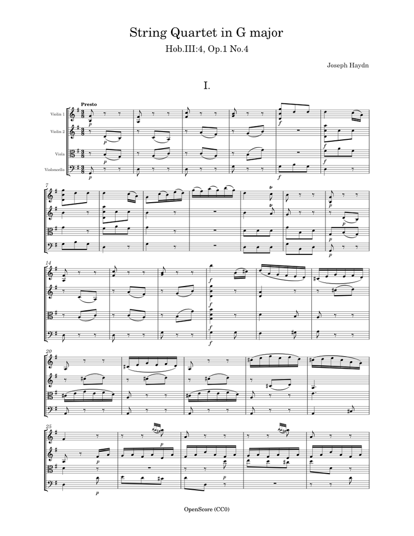 String Quartet in G major, Hob.III 4, Op.1 No.4 Joseph Haydn Sheet