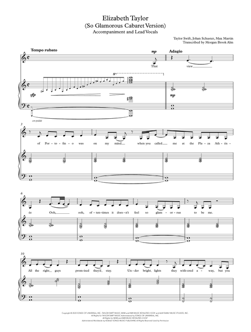 Elizabeth Taylor (Arr. Morgan Brook Music) - Taylor Swift (Piano Vocal)