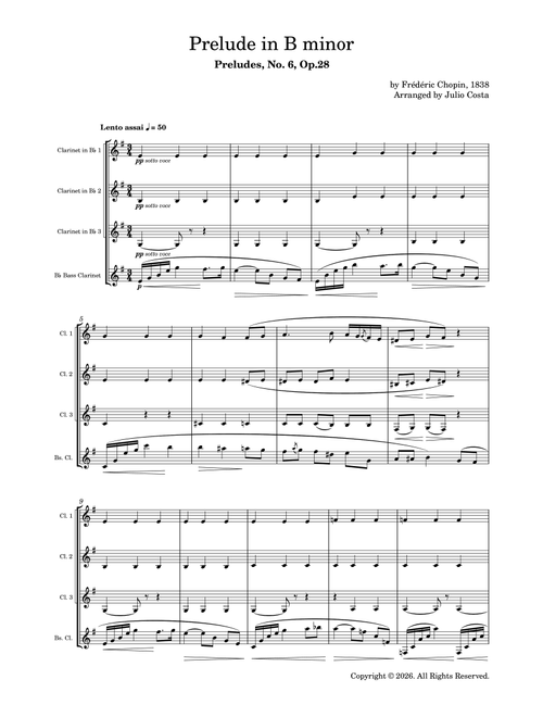 Chopin - Prelude No. 6, Op. 28 in B minor for Clarinet Quartet (Arr. Julio Costa) - Frederic Chopin (Woodwind Ensemble)