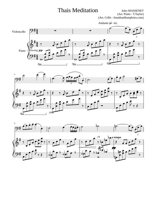 Thais Meditation en sol majeur pour violoncelle et Piano