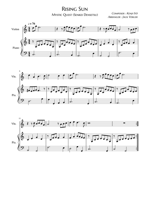 Rising Sun (from Mystic Quest) - Piano, Violon