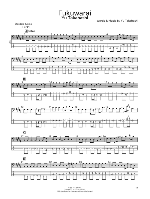 Fukuwarai (Arr. bassscore.masspro) - Yu Takahashi (Bass Tab)