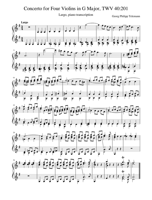 Concerto for Four Violins in G major, TWV 40:201 – Georg Philipp Telemann , Largo (for piano)